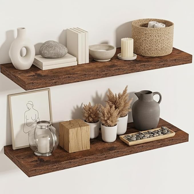 Vivelove 36" Floating Shelves for Wall, 12 inch Deep Display Shelves with Invisible Brackets, Long Shelf for Living Room Bedroom, Farmhouse Rustic Shelves Home Decor, Set of 2, Rustic Brown