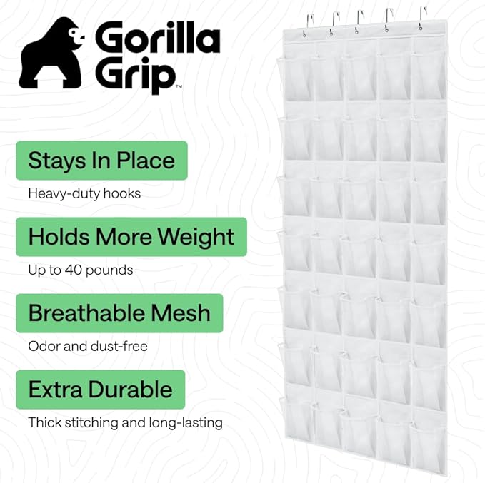 GORILLA GRIP Over the Door Shoe Organizer, 35 Large Breathable Mesh Pockets, Space Saving Hanging Storage Holder, 5 Hook Closet Rack Hanger, Hangs on Closets for Shoes, Accessories 68.5H x 24.5W White