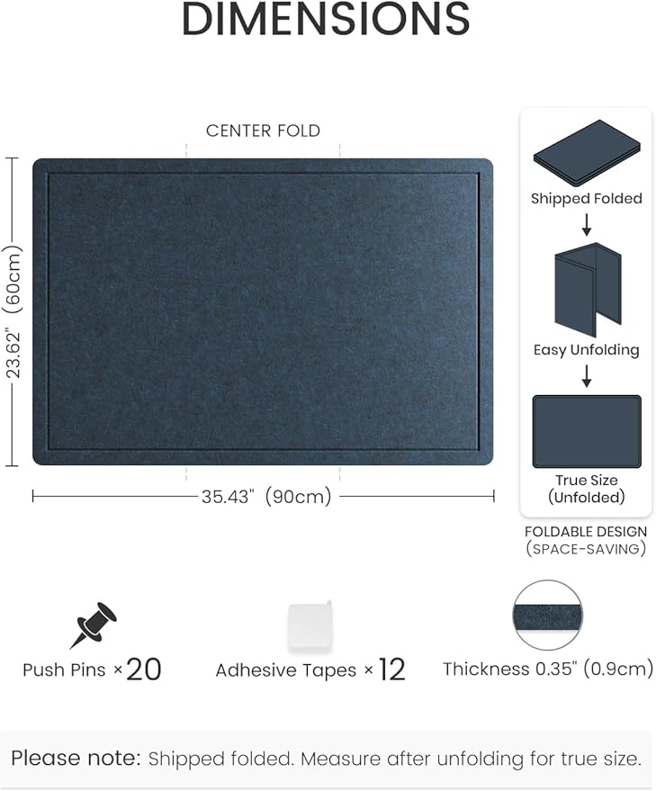 Fluxynara Bulletin Board,35.4" x 23.6" Cork Board Alternative with 12 Safe Removable Adhesive Tabs, Foldable Felt Pin Board for Home Office, Classroom, Bedroom,Entryway for Walls—Carbon Blue