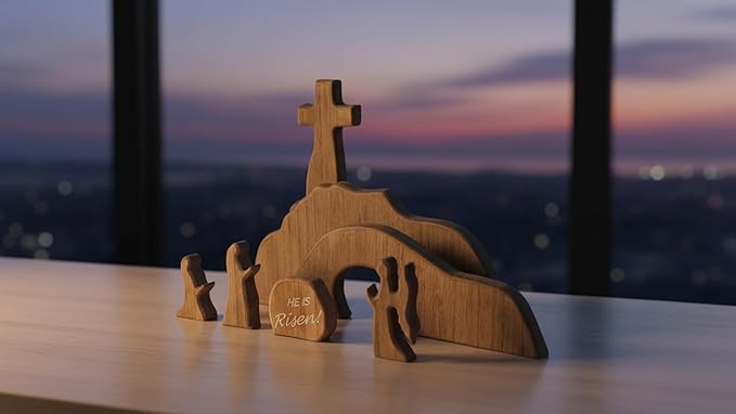 【He is Risen】Wooden Easter Resurrection Scene Cross Jesus Tomb Tray Set, Empty Tomb Easter Scene and Cross Decoration,Jesus Nativity Scene Decor for Religious Home Office Tabletop Christian Gifts (7)