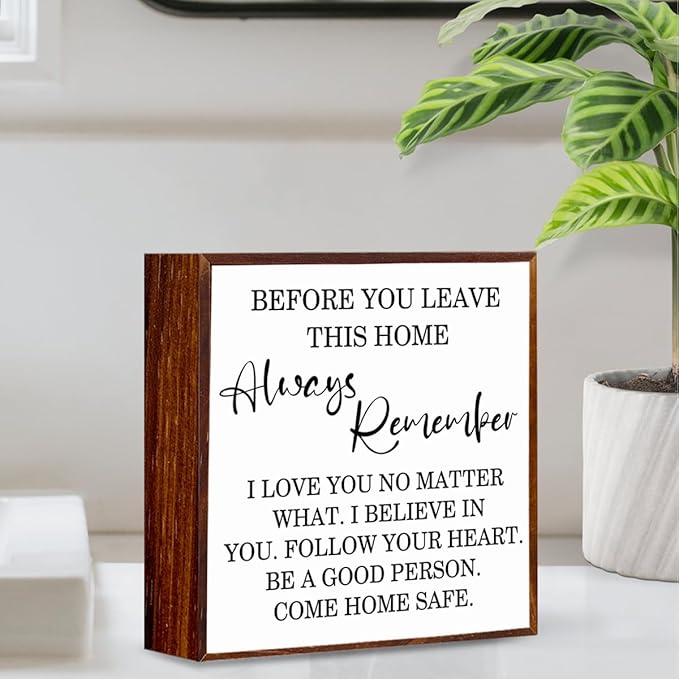 Inspirational Home Decor Signs Quote Wood Box Sign, Before You Leave This Home Wood Box Sign Square Desk Decor，Rustic Farmhouse Home Sign for Shelf Decor 5 x 5 Inches.（white）