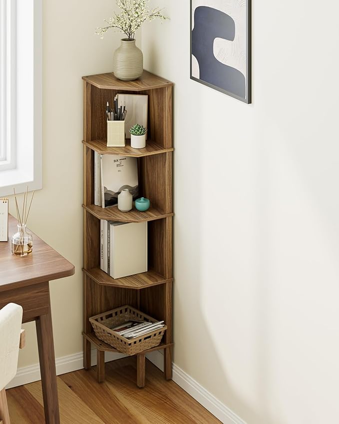 Corner Shelf, 5 Tier Corner Bookshelf, Display Corner Shelf Stand with Storage Rack, Wall Corner Bookshelf for Living Room, Bedroom, Office, Walnut