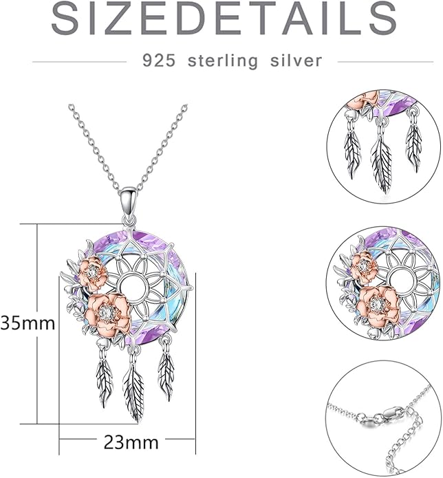 Dream Catcher Pendant Necklace 925 Sterling Silver Synthetic Moonstone Crystal Sunflower Rose Flower Evil Eye Dreamcatcher Cremation Jewelry Gifts for Women Wife Mom