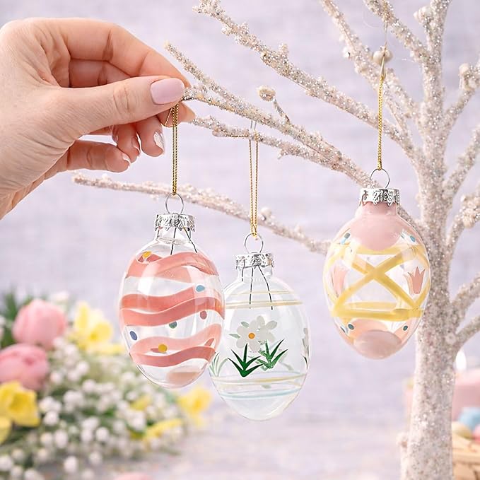 Lillian Vernon Hand Painted Blown Glass Easter Ornaments - Handcrafted Hanging Tree Decorations, Easter Egg Holiday & Party Decor, 2 in, Assorted, 12-Piece Set