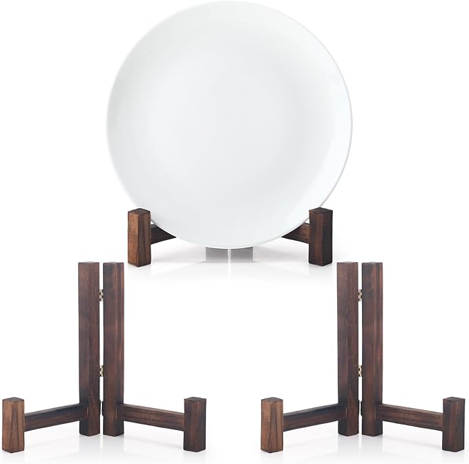 Geelin 3 Pack Plate Stands for Display 7 Inch Wooden Folding Plate Holders Rustic Solid Wood Easel Holders for Decorative Picture Frames Art Tabletop Shelf Decorations