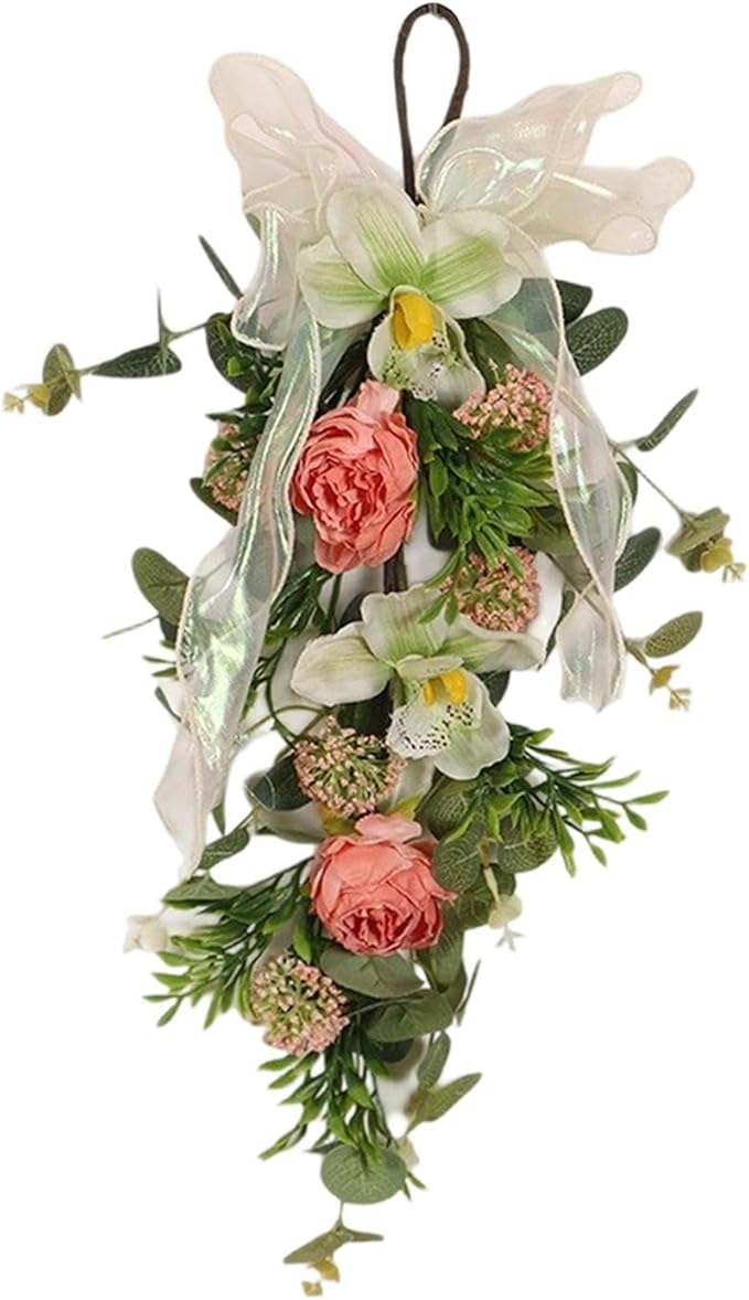 Fancyes Artificial Floral Teardrop Swag Wreath Front Door Swag Hanging Decoration with Hanging Loop for Fence Hotel Wall Party Favor