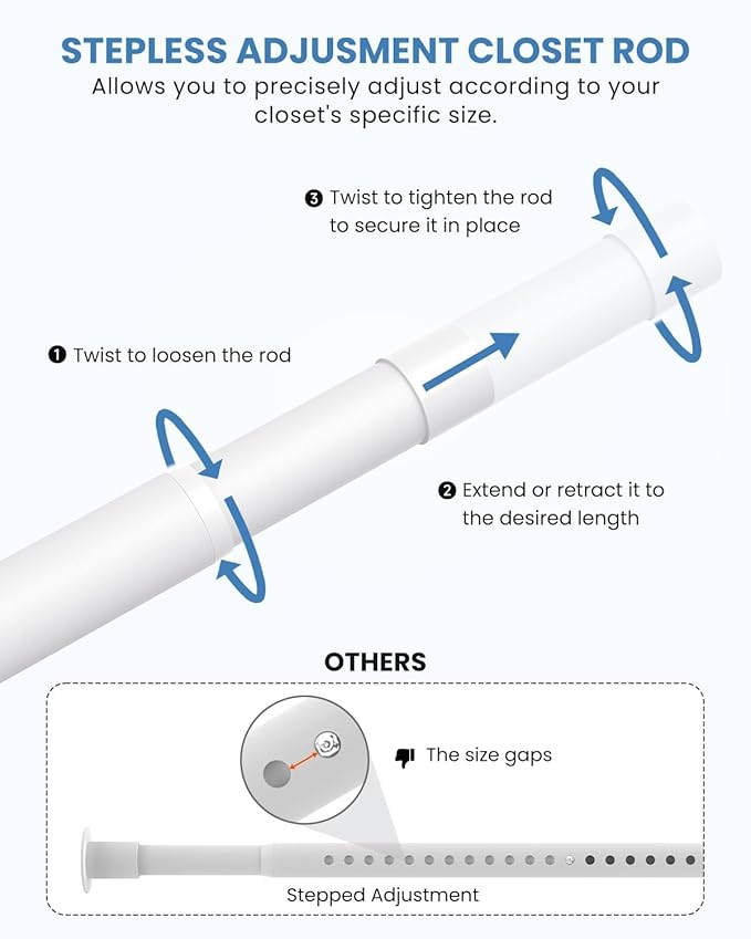 Closet Rods for Hanging Clothes, 17 to 69 Inches Stepless Adjustable Metal Closet Rod, 1.3 Inches Heavy Duty Clothes Hanging Rod for Closet Wardrobes Laundry RV, White