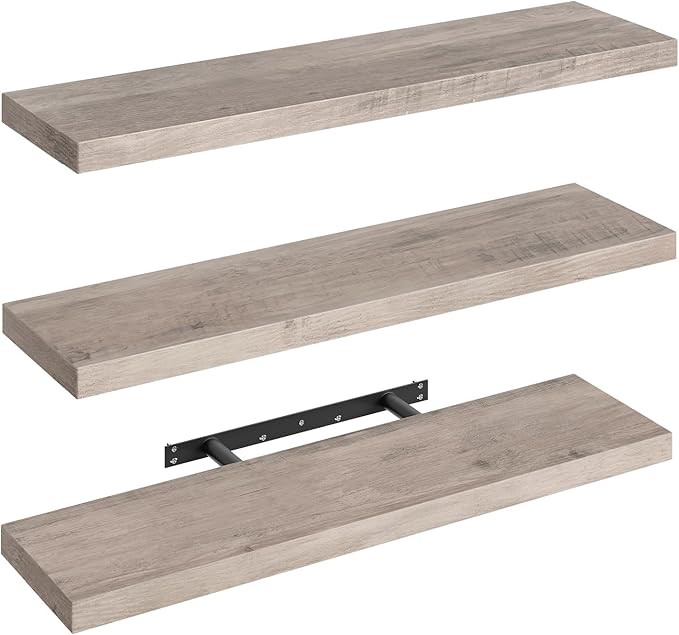 RALGEND Floating Shelves for Wall, 31.5" Long Wall Shelf Set of 3 with Invisible Brackets, 7.9" Width Hanging Book Shelves Farmhouse Home Decor for Bathroom, Living Room, Bedroom, Greige 8301BJP3BG