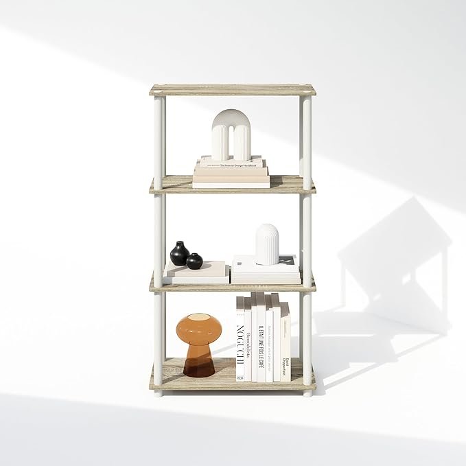 Furinno Turn-N-Tube Book Shelf, 4-Tier Bookshelf, Bookcase with Multipurpose Compact Display Rack, 11.6 x 23.6 x 43.2, for Living Room, Bedroom, Home Office, Sonoma Oak/White