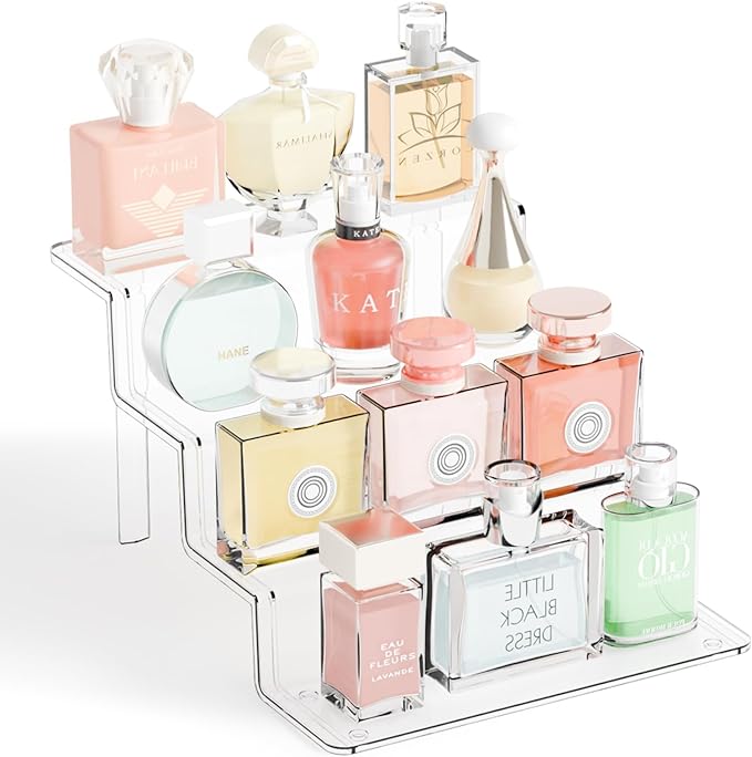 Yieach 4 Tier Clear Acrylic Display Risers,9 Inch Large Perfume Organizer,Colonge Stand and Cupcake Risers,Acrylic Tiered Display Stand for Figure,Funko Pop,Food,Candle,Fragrance Display,Cologne Shelf