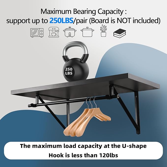 HOME MASTER HARDWARE Heavy Duty Closet Shelf Rod Brackets 10 Pack,Wall Mounted Closet Shelves Support Brace with Hook,10-3/4 in Black Bracket with Screws