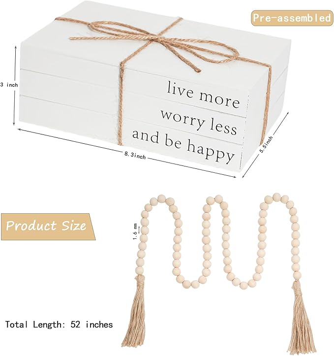 Decorative Books for Home Decor, Wooden Faux Book for Decoration, Farmhouse Stacked Display Books (Live More Worry Less)