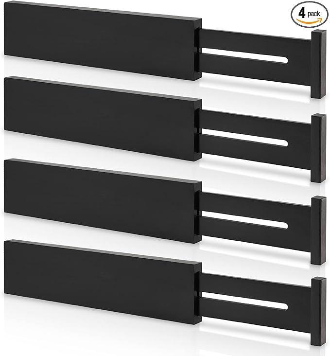 4 Pack Bamboo Drawer Dividers 2.6" High, Adjustable Length from 12 Inch to 17 Inch, Expandable Kitchen Drawer Organizer Separators for Clothes, Kitchen, Bedroom, Dresser, Office (Black)