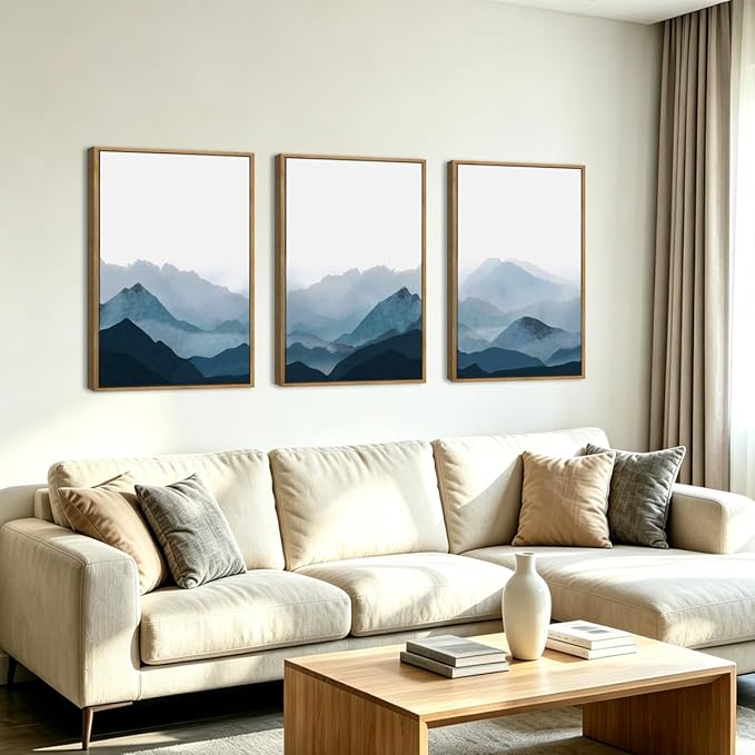 BINCUE Framed Blue Mountain Wall Decor Fog Blue Ridge Mountains Wall Art Minimalist Landscape Artwork Simple Blue Pictures Modern Mountain Wall Paintings for Living Room Bedroom Office 16x24 Inches Set of 3 Gift