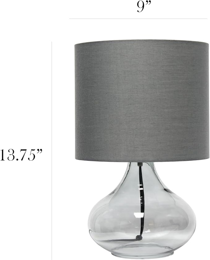 Simple Designs LT2063-SMG Small Glass Raindrop Bedside Table Lamp with Gray Fabric Shade, Smoke (Pack of 2)
