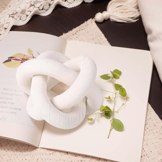 Wood Chain Link Decor-3 Link Wood Knot Decor Hand Carved Coffee Table Decor Farmhouse Rustic Shelf Decor Boho Modern Simplicity Decorative Objects for Living Room Bedroom Decorations (White)