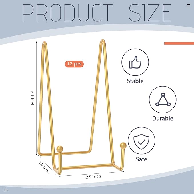Mixweer 12 Pcs Book Stands for Display Metal Picture Frame Stand Book Plate Picture Holder Easels Photo Holder for Decorative Display(6 Inch,Gold)
