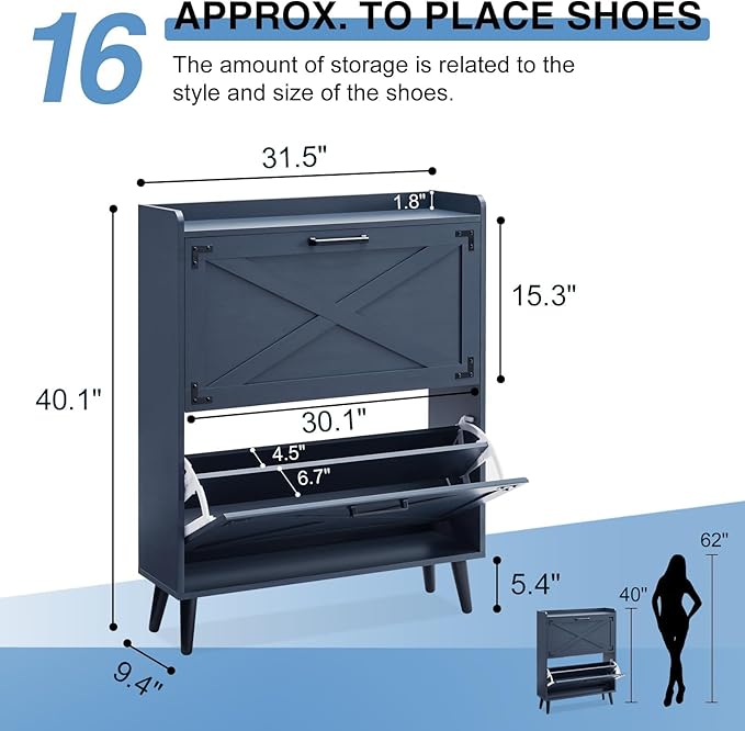 Shoe Storage Cabinet,Farmhouse Shoe Organizer with 2 Flip Drawers & Barn Door Design,Freestanding Hidden Slim Narrow Shoe Rack Cabinet for Entryway,Foyer,Hallway,Navy Blue