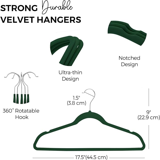 HOUSE DAY Premium Velvet Hangers 50 Pack, Non-Slip Flocked Felt Hangers, Sturdy Clothes Hanger with 360° Rotatable Hook, Heavy Duty Durable Slim Coat Hanger for Closet Space Saving(Emerald Green)