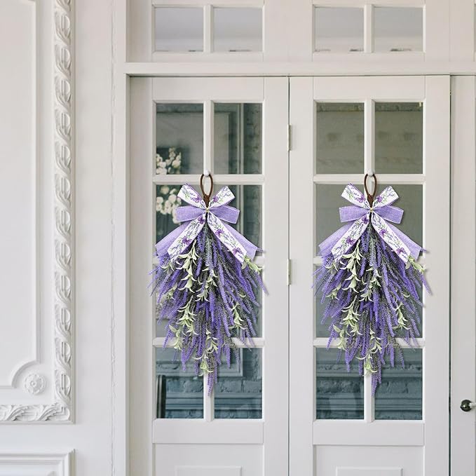 nuvagiki Lavender Teardrop Swag, 2 Pack 24 Inch Front Door Swag Wreaths, Spring Summer Rustic Farmhouse Door Decor, Purple Floral Hanging Swag for Porch