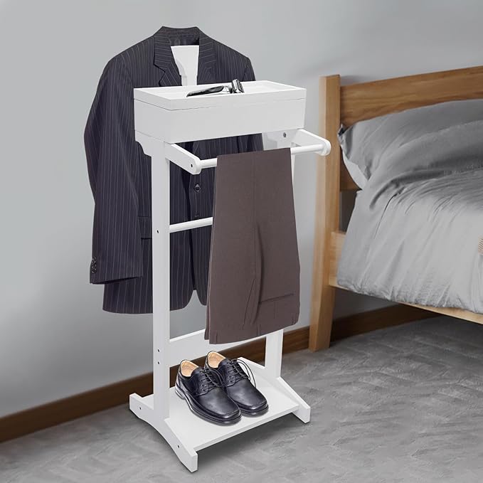 Wood Suit Rack, 22.05 Lbs Wooden Clothes Valet Stand, Freestanding Clothing Valet Stand Suit with Non-slip Base & Drawer for Bedrooms Living Rooms Hallways (White)