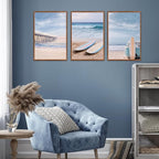 KAlRNE Coastal Beach Wall Art Set of 3(16’’X24’’),Framed Pastel Ocean Canvas Prints with Surfboards,Surf Prints,Neutral Retro Beachy Framed Art Decor for Living Room Bedroom Office