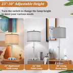 Silver Table Lamps Set of 2 for Living Room Bedroom, 23''-30'' Adjustable Height Bedside Lamps with 2 USB Ports, Industrial Nickle Nightstand Lamps with Grey Shade, Modern Lamp Sets for Home Office
