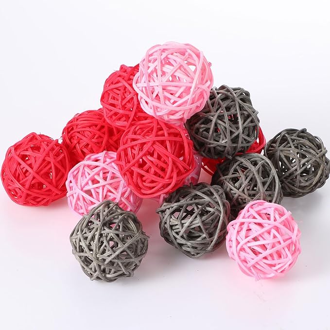Yaomiao 15 Pieces Vase Filler Rattan Balls Decorative for Craft, Party, Wedding Table Decoration, Aromatherapy Accessories, 1.8 Inch (Pink Red Gray)
