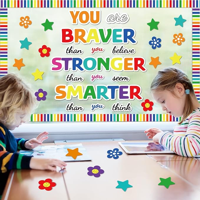 Classroom Bulletin Board Decoration Set Welcome Banner Wall Door Decor Colorful Classroom Decorations for Kindergarten Preschool Elementary Middle School (Braver, Stronger, Smarter)