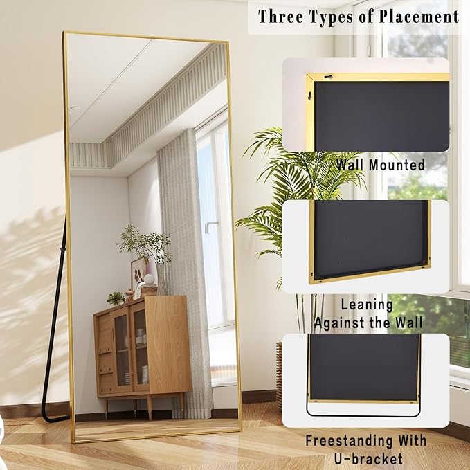 BEAUTYPEAK Full Length Mirror, 58"x14" Standing Hanging or Leaning Against Wall Floor Mirrors Body Dressing Wall-Mounted for Living Room, Bedroom with Aluminum Alloy Thin Frame, Gold