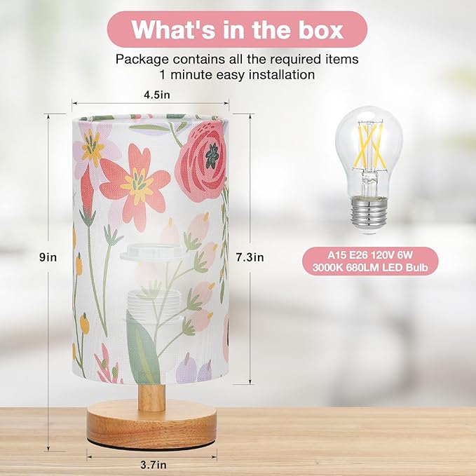 Fenmzee Floral Table Lamp for Bedroom - Inline Control, Small Bedside Lamp with 3000K A15 LED Blub, Easy Assembly (Floral White Shade, 9" Inline Control)
