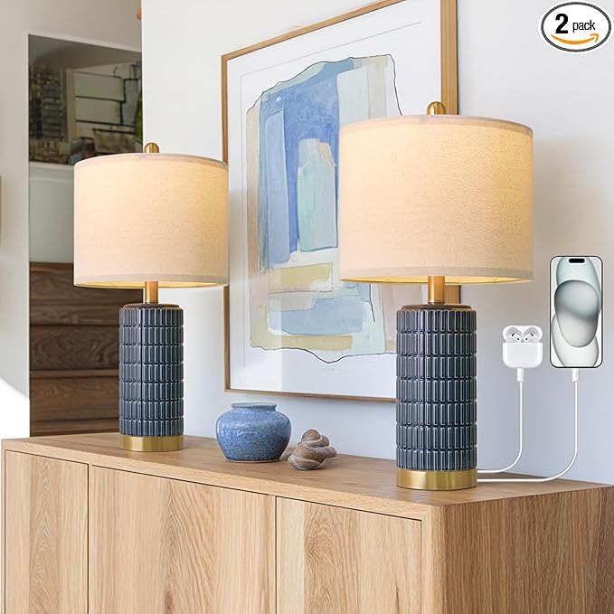 PoKat 21.5'' Bedside Table Lamps Set of 2 with USB A+C Ports for Living Room, Ceramic Modern Lamps for Bedroom, Small Nightstand Lamps for Office Guest Room Hallway Sideboard Gift Decor (Blue)