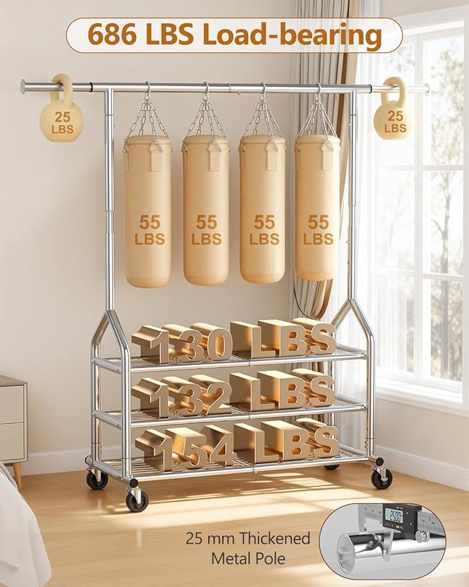 EAGMAK Heavy Duty Clothes Rack Load 686 LBS, Rolling Clothing Rack with 3 Shelves, Height Adjustable Metal Coat Rack, Portable Garment Closet Wardrobe Organizer with Wheels for Hanging Clothes, Silver