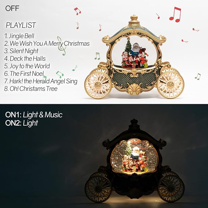 Christmas Green Carriage Snow Globe Lantern with Gift Box - Santa Scene Water Lantern with Glitter Snow - Musical Holiday Decor with LED Light - Battery Or USB Cable Powered Operated(Green with gold)