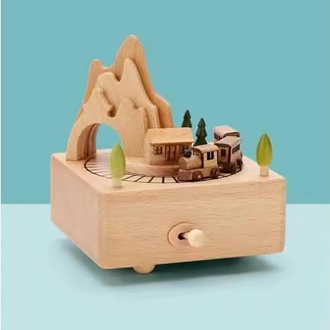 Natural Solid Wood Handcrafted Beech Wooden, Musical FigureTotoro/Carousel/Fairy/Ballerina Figurine,Rotating Hand Crank Mechanism Music Box,Musical Decorations (Mountain and Train)