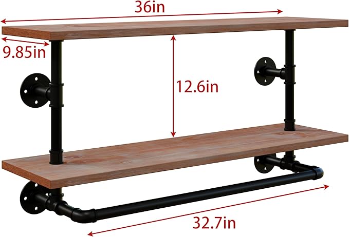 Clothes Rack 36in, 2 Tier Wall Mounted Garment Rack with Real Wood Shelf, Heavy Duty Hanging Clothes Rack, Multi-Purpose Hanging Rod, Space-Saving Closet Storage