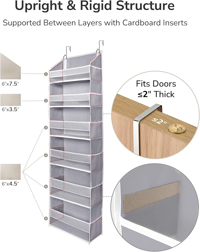 ULG Over The Door Organizer with 6 Large Pockets 12 Side Pockets, 50lbs Weight Capacity Door Hanging Organizer for Bedroom, Bathroom, Pantry, Nursery Storage, Gray