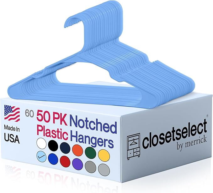 Plastic Hangers 50 Pack - Space Saving Clothes Hangers, Made in USA, Durable & Strong Plastic Shirt & Coat Hanger with Notches & Shoulder Grooves, Non-Slip Clothing Hangers | Victory Blue