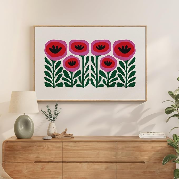 Framed Floral Wall Art for Bedroom, Large Pink Flower Canvas Artwork for Living Room Walls, Minimalist Botanical Picture Print for Nursery Playroom Dining Room Kitchen Hallway Wall Decor, 24x36 Inch