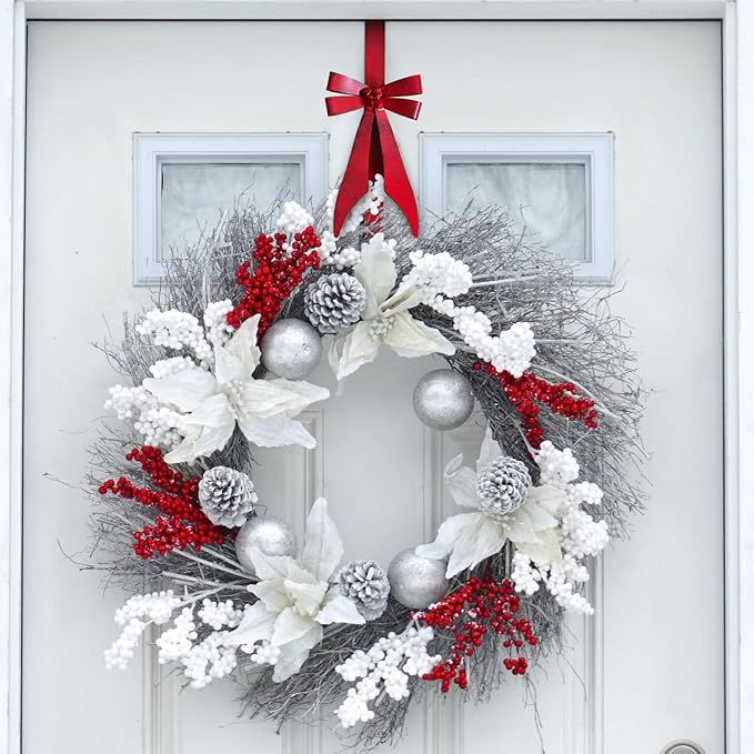 Bow Shape Metal Door Wreath Hanger, Christmas Wreath Hooks for Front Door, Decorative Wreath Hangers for Front Door - Over The Door No Drill Hold for Holiday Garland & Decor