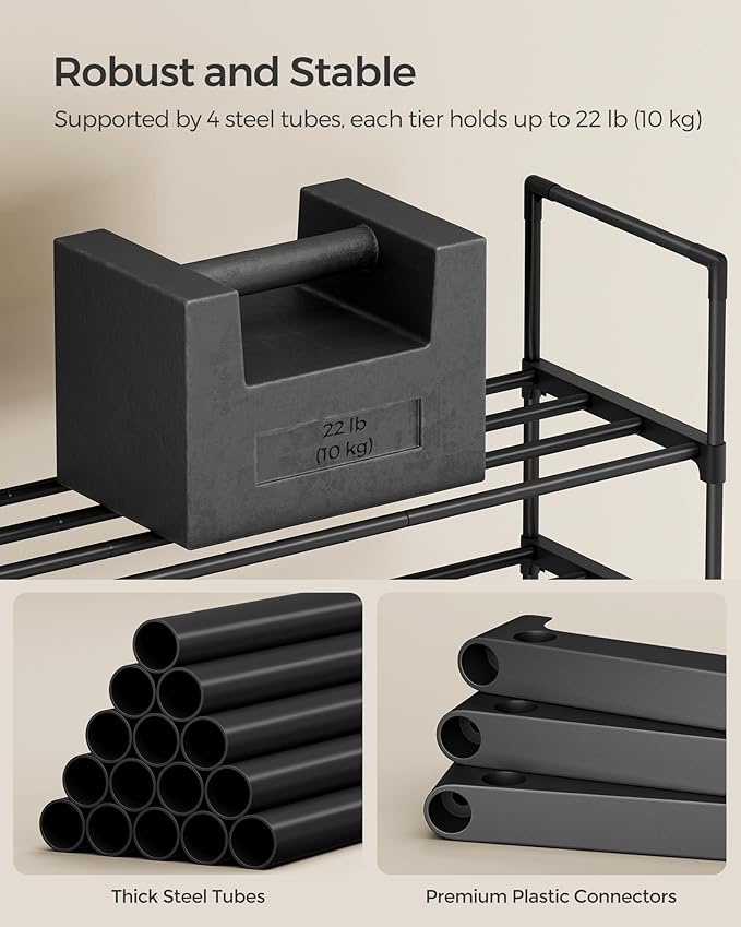 SONGMICS Shoe Rack, 2-Tier Shoe Organizer, Metal Storage Shelf, Upright or Upside Down, for 15-18 Pairs, Stackable, for Entryway, 11.8 x 46.1 x 14.6 Inches, Black ULSA032B01