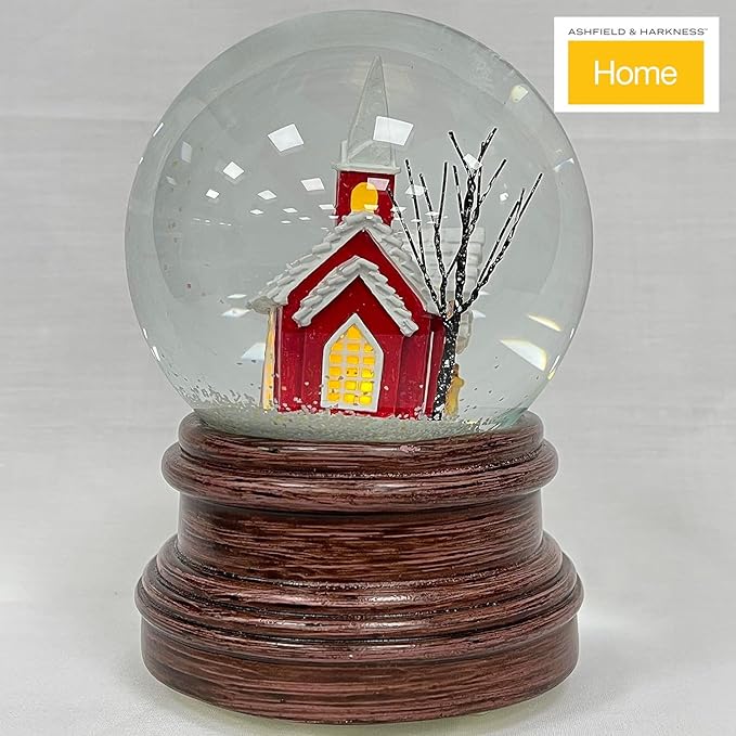 Ashfield & Harkness Sanctuary Church Decorative Snow Globe with Wind Up Music Box and LED Battery Operated Light