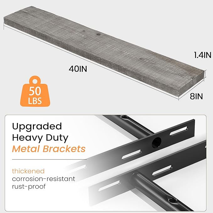 Fun Memories 40 Inch Reclaimed Wood Floating Shelves for Wall, 8 Inch Deep Rustic Farmhouse Floating Shelf with Invisible Bracket for Living Room, Bathroom & Kitchen, Grey