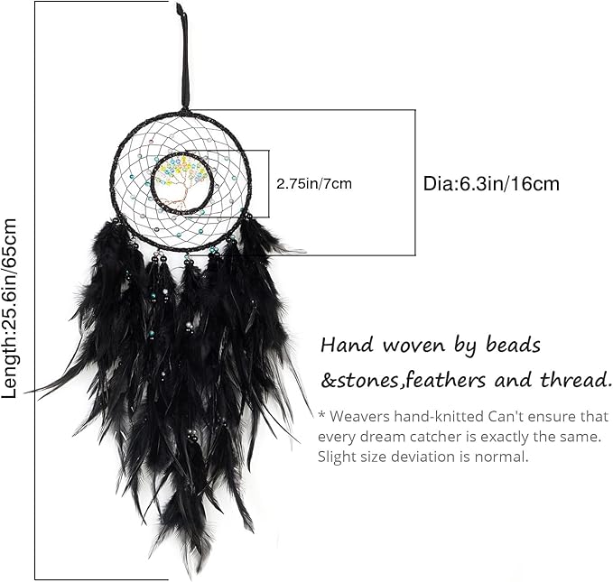Dreamlike Black Tree of Life Dream Catcher Wall Decor with Healing Crystal Stone Handmade Feather Dream Catchers Decoration Wall Hanging for Girls Bedroom Living Room Wedding Party Home Décor