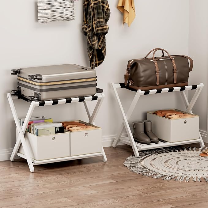 Fully Assembled Luggage Racks Set of 2 with 4 Foldable Cube Storage Bins, 26.77" Bamboo Luggage Rack Stand for Guest Room, 5 Nylon Straps, Suitcase Stand with Storage Shelf for Bedroom Hotel, White