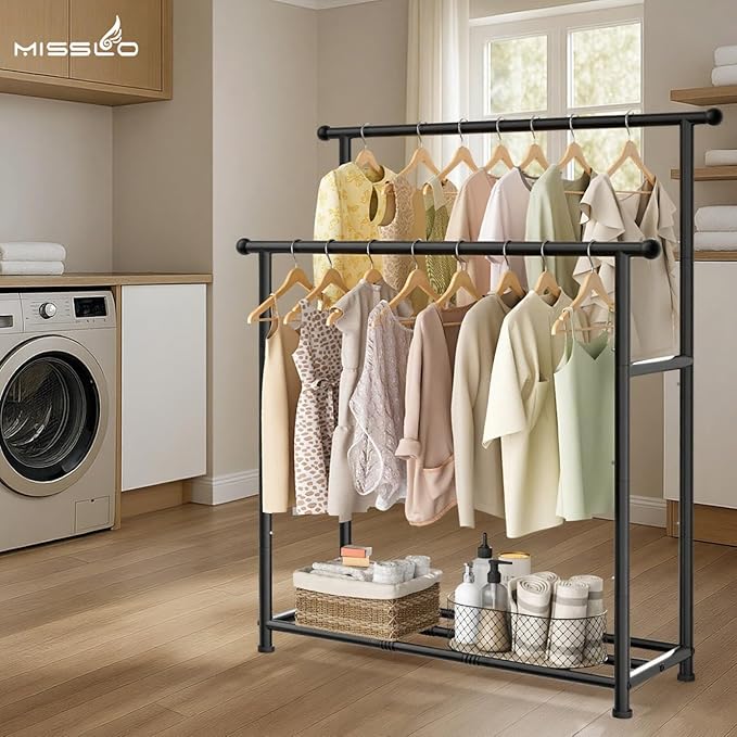 MISSLO Double Rods Garment Rack Heavy Duty Clothing Rack for Hanging Clothes Portable Clothes Organizer for Bedroom, Living Room, Clothing Store (Matte Black)