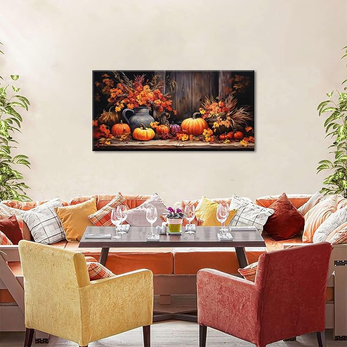 Orange Pumpkin Canvas Wall Art Kitchen Wall Decor Farmhouse Dining Room Pictures Halloween Painting Autumn Flowers Canvas Prints Rustic Fall Harvest Theme Posters Artwork Home Decorations 20x40"