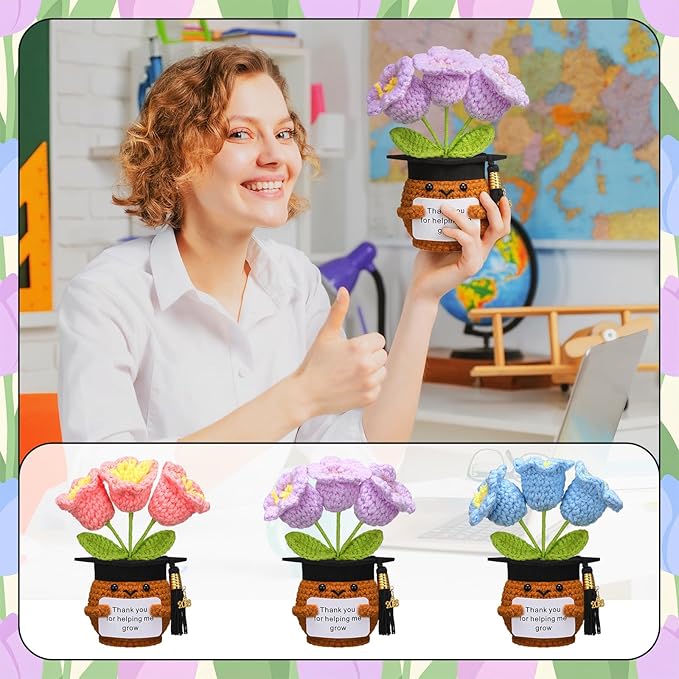 Wavwavw 3 Pack Teacher Appreciation Gift Positive Flower Handmade Crochet Doll Thank You for Helping Me Grow Gifts Back to School Gifts for Women Teacher(Flower with Grad Cap)