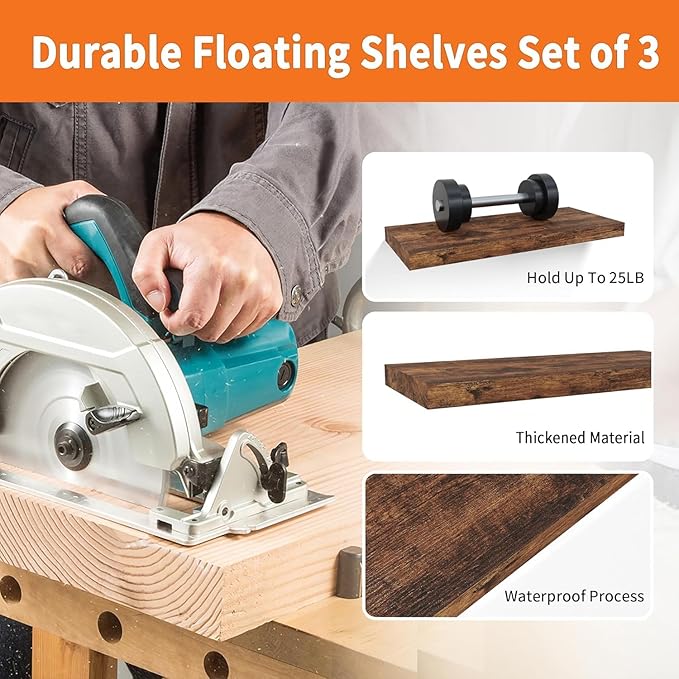 Upassion Floating Shelves for Wall Set of 3, 16" Rustic Brown Floating Shelves, Home Decor, Frame Display Wall Shelf for Bedroom, Kitchen, Bathroom, Living Room
