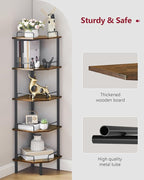Tajsoon Corner Shelf Stand, 5 Tier Industrial Corner Shelves, Multipurpose Standing Display Shelf, Corner Shelving Unit for Bedroom, Living Room, Office, Kitchen, Rustic Brown